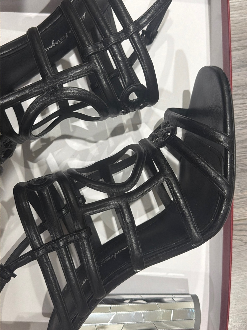 Salvatore Ferragamo Black Cage Strappy Block Heel Sandals